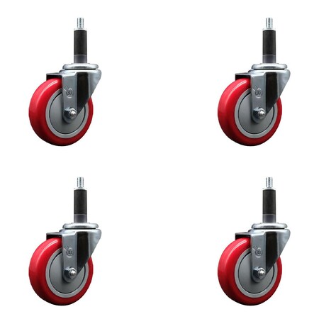Service Caster 4'' Red Poly Wheel Swivel 1'' Expanding Stem Caster Set, 4PK SCC-EX20S414-PPUB-RED-1-4
